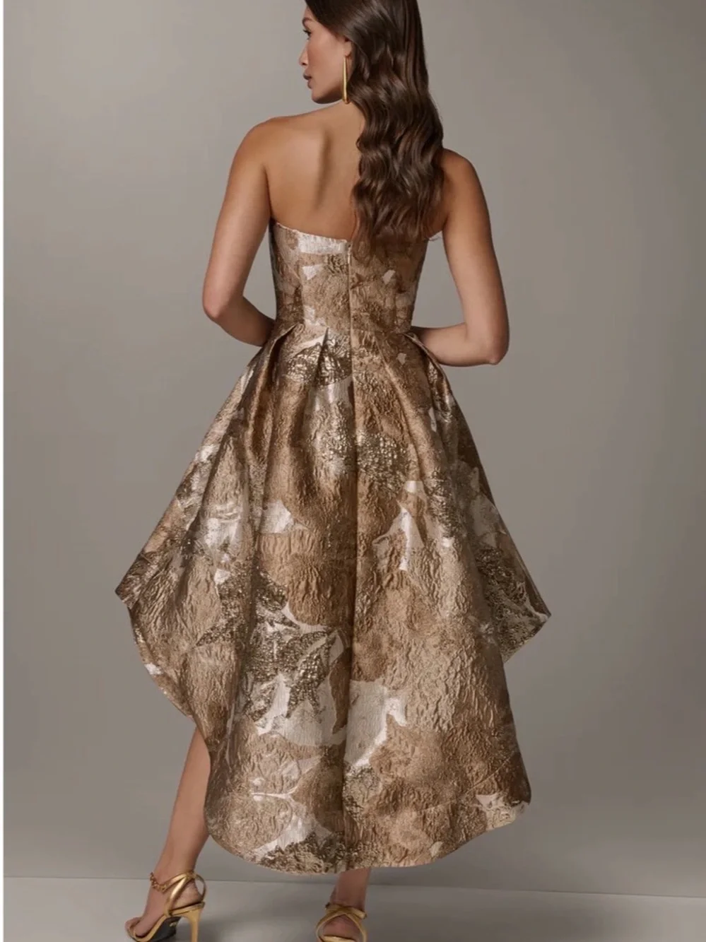BROCADE STRAPLESS PLEATED MIDI GOWN